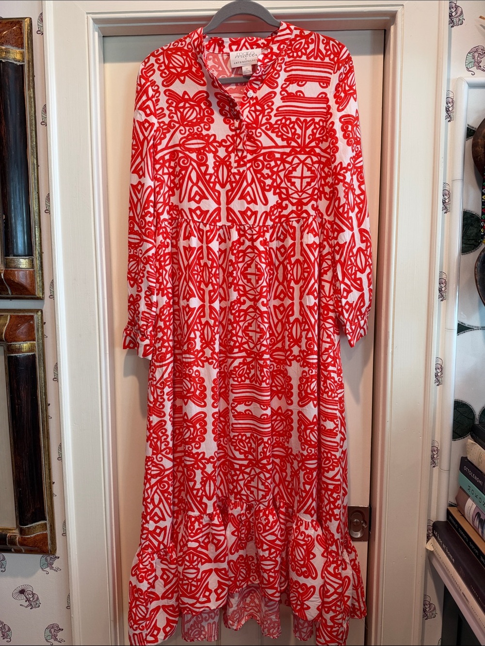 Anthropologie Orange Red & White Tiered Maxi Dress